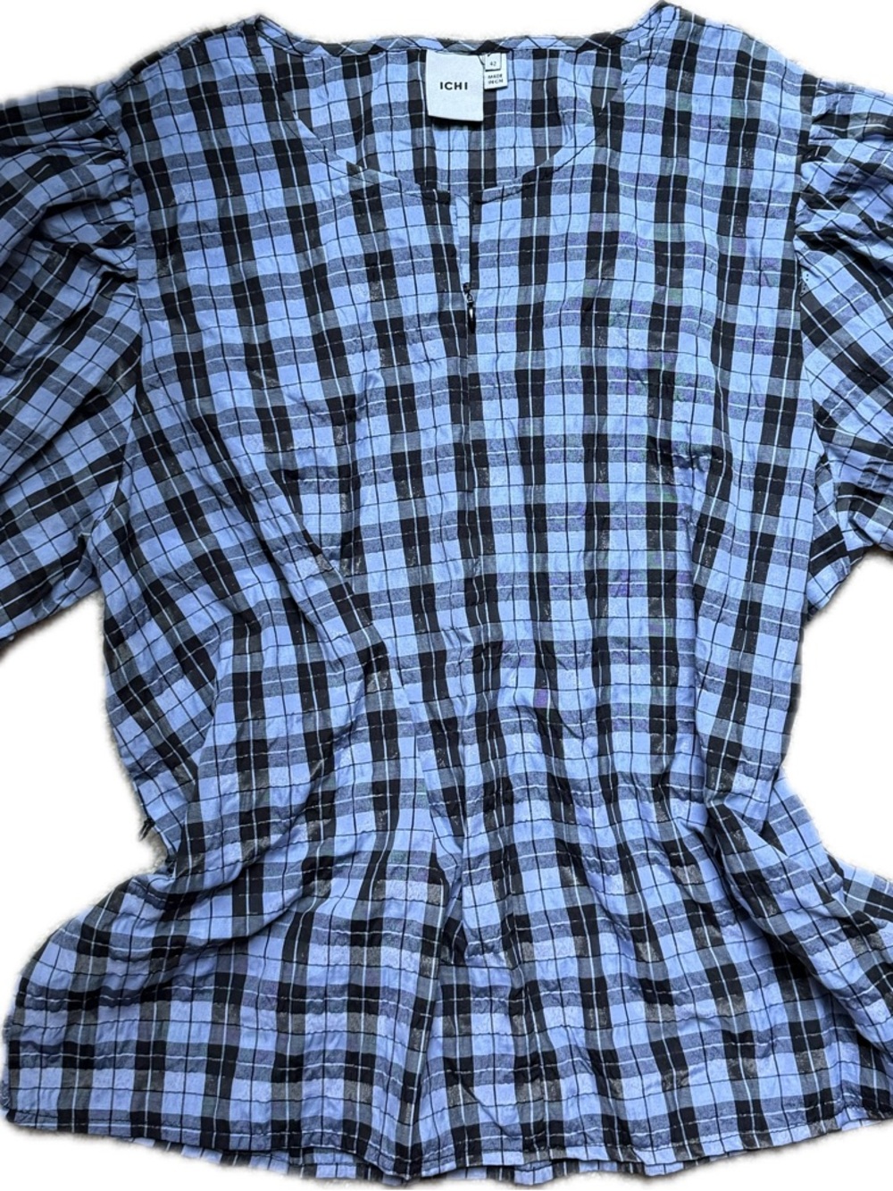 ICHI Blue Plaid Puff Sleeve Blouse